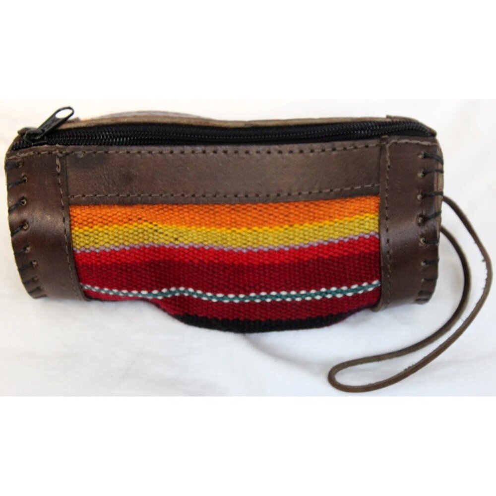 Peruvian Peru Pencil Stationary Case Round Woven Native Blanket Leather Pouch
